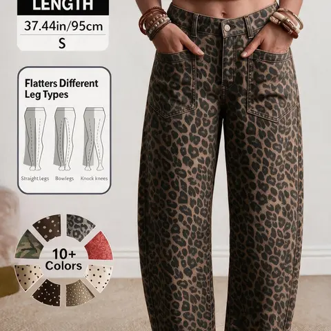 Trendy Leopard Print Wide Leg Jeans Pants, High Waist with Large Pockets, Street Style for Music Festivals and Vacations, Bold and Stylish Design
