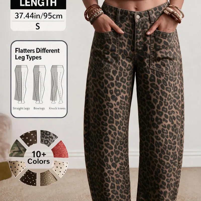 Trendy Leopard Print Wide Leg Jeans Pants, High Waist with Large Pockets, Street Style for Music Festivals and Vacations, Bold and Stylish Design