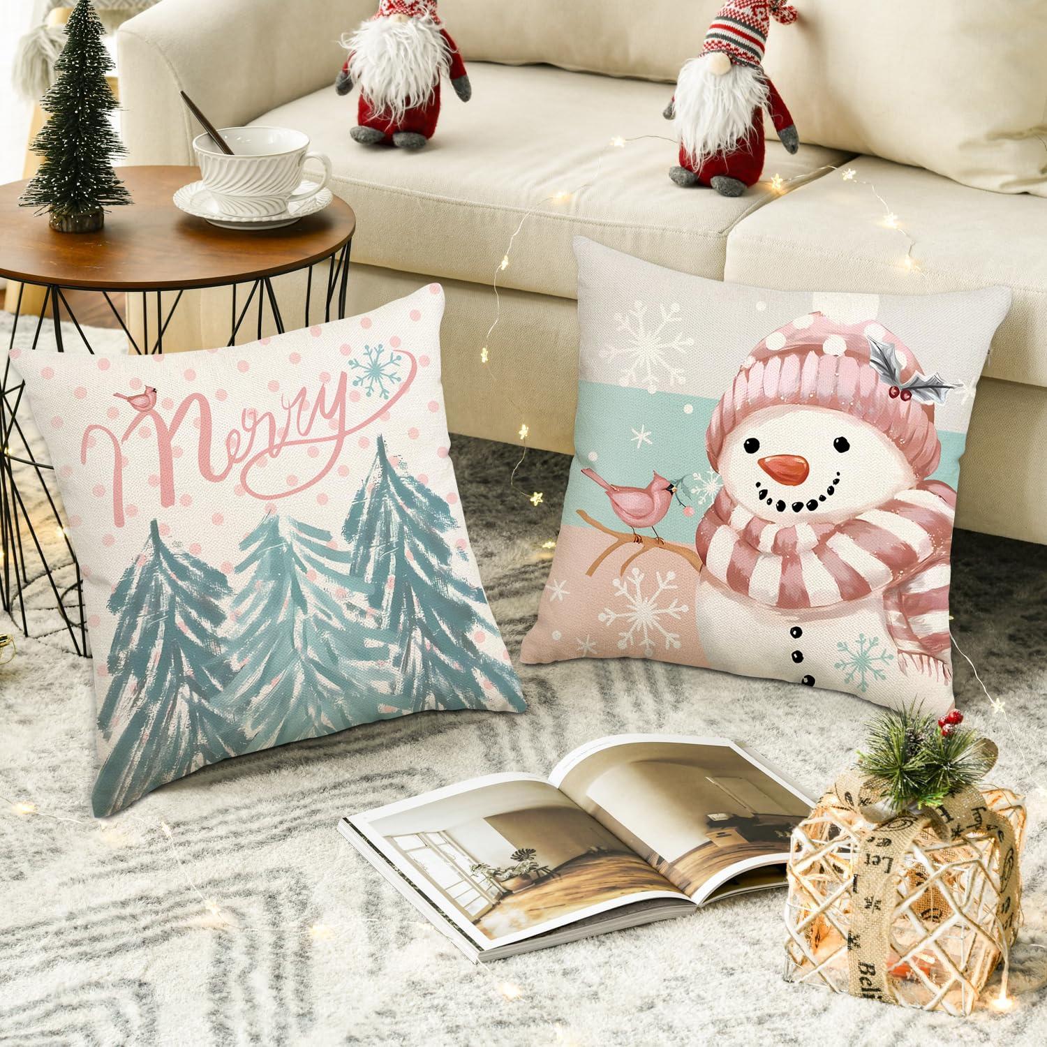 4pcs Christmas Pillow Cover, Santa Claus, Christmas Tree Snowman Pattern Single sided Printed Cushion Cover, Suitable for Christmas Bedroom, Living Room, Sofa, Farmhouse, Bed, Car Decoration Cushion Pillow Cover (No Pillow Core)