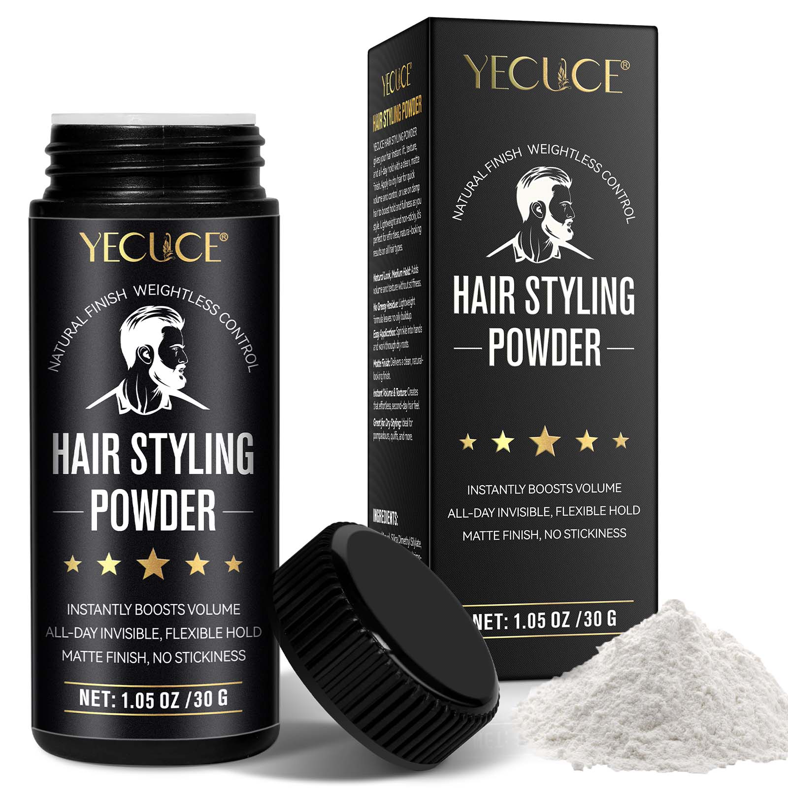 Yecuce Men's Hair Styling Powder 30g, Volumizing Powder, Matte Finish, Natural Look, Enhances Dry Hair Texture, Perfect for Pompadour Style