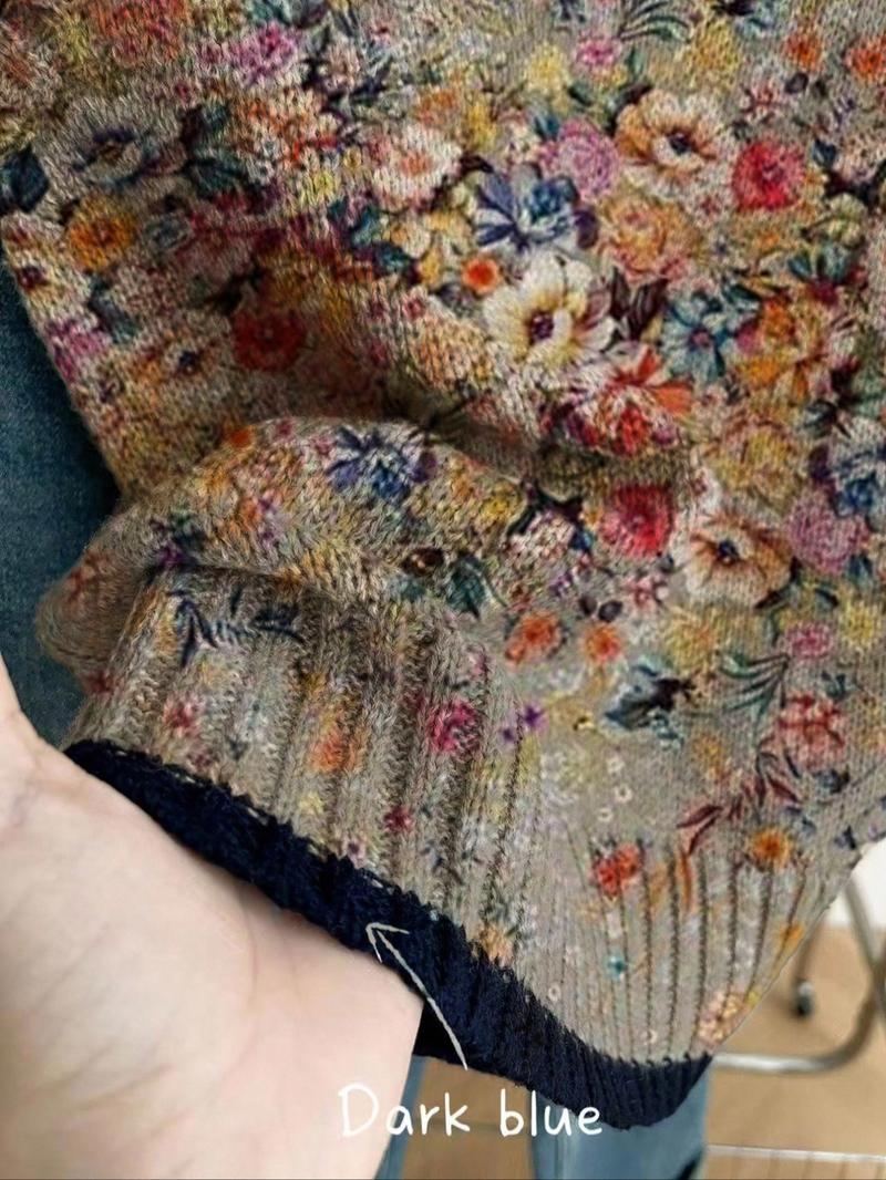 Women's Elegant Loose-Fitting Round Neck Sleeveless Knit Top, Floral Print Color-Blocked Edging, Fall & Winter