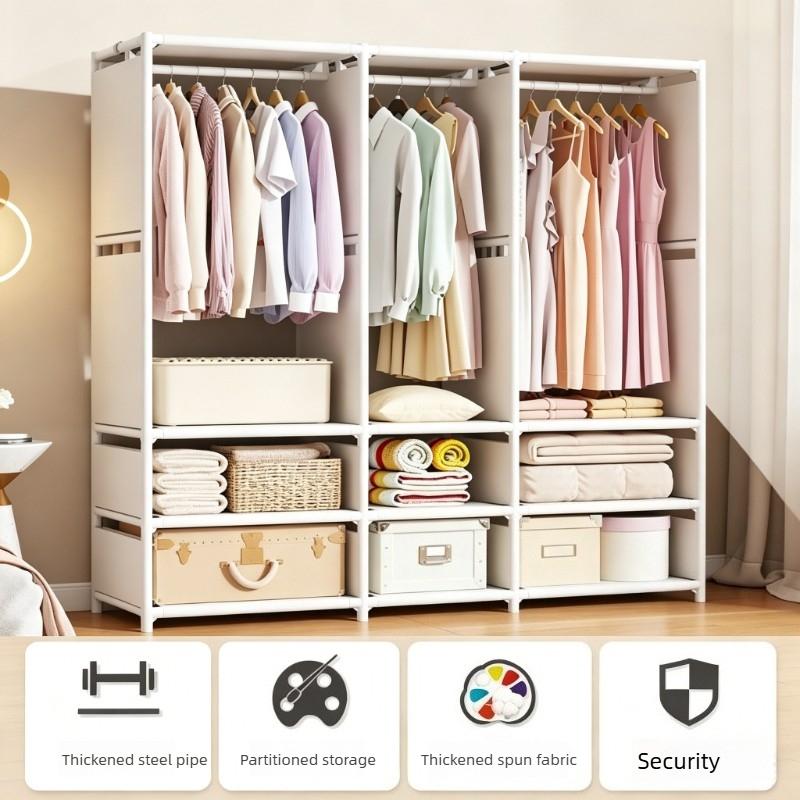 Wardrobe with clothes rod and storage shelves, standalone portable storage cabinet, easy-to-assemble fabric clothing organizer storage cabinet, sturdy metal frame, suitable for bedrooms, walk-in closets, apartments, dormitories, and small spaces