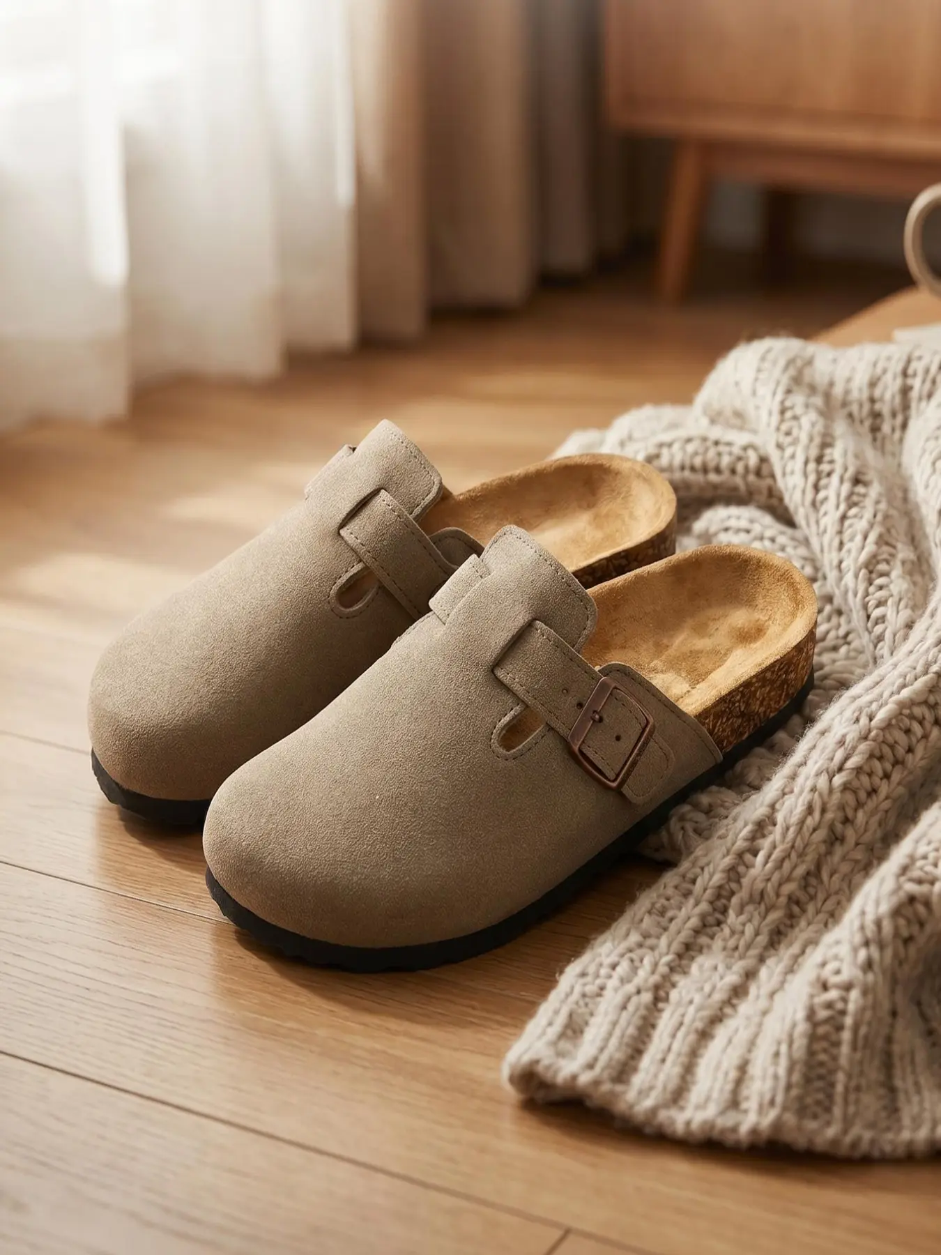 Men's Large Size Slippers, Comfortable Lining, Thick Anti-Slip Sole, Women's Cork Half-Enclosed Slippers, Fashion Leather Mules, Outdoor Beach Shoes