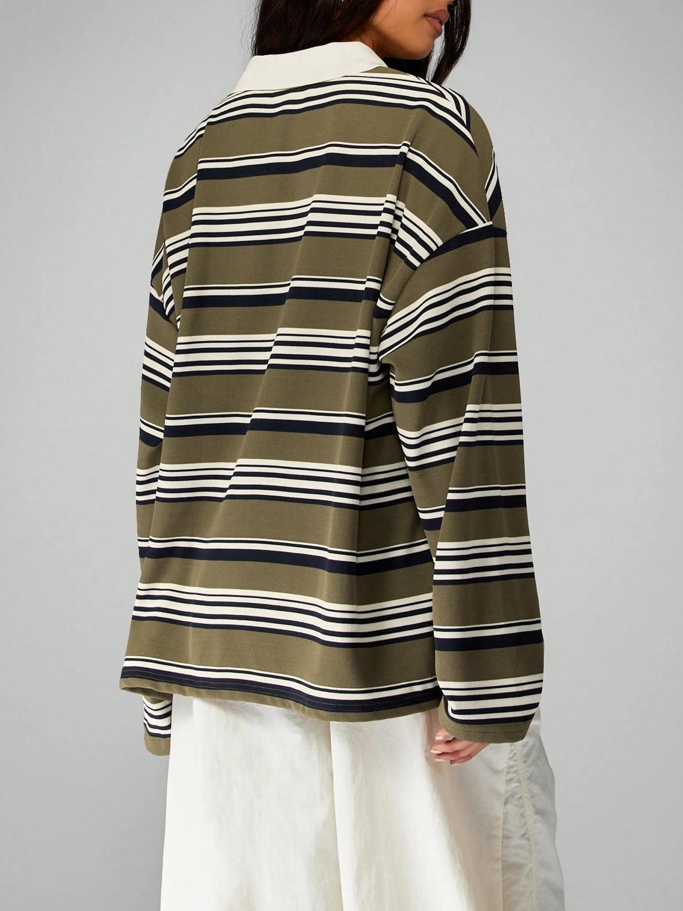 Vintage Striped Collared T-Shirt, Casual Loose Fit, Daily Commute/dating, Comfortable and Stylish, Perfect for Everyday Wear