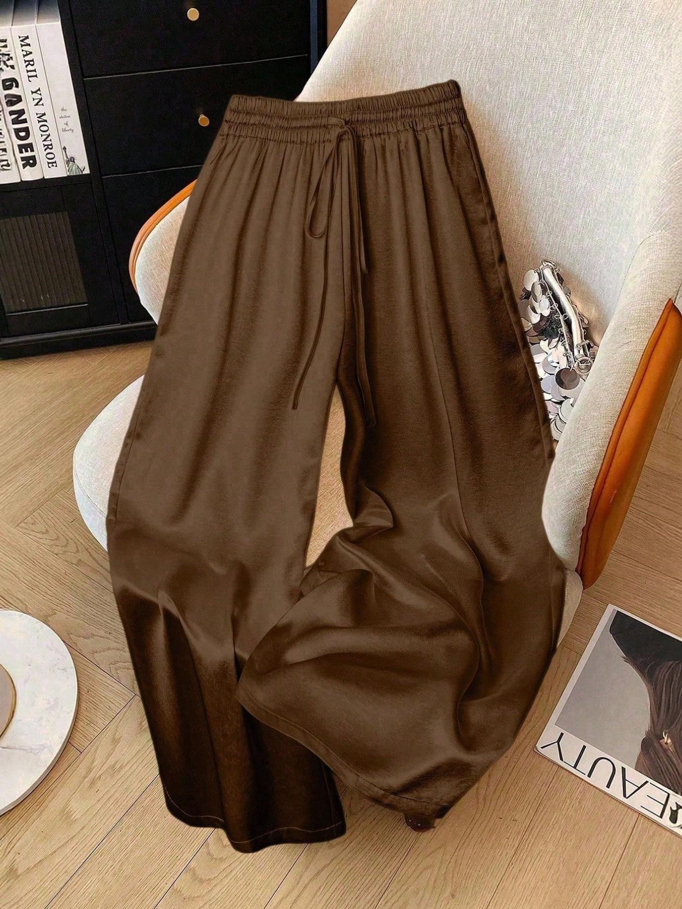 Women's Glitter Satin Wide Leg Pants, Casual Loose Fit Elastic Waist Drawstring Pockets, All Seasons Fashion for Home Vacation Party Womenswear