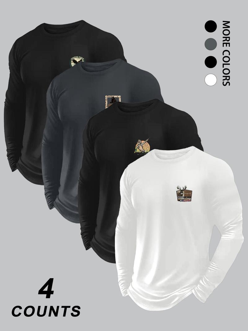 Men's Fashion Camo Animal Print Long Sleeve Round Neck T-Shirt Set, Comfortable Stretch Fabric, Perfect for Spring & Fall Sports Outdoor Activities, Athletic Sports Clothing