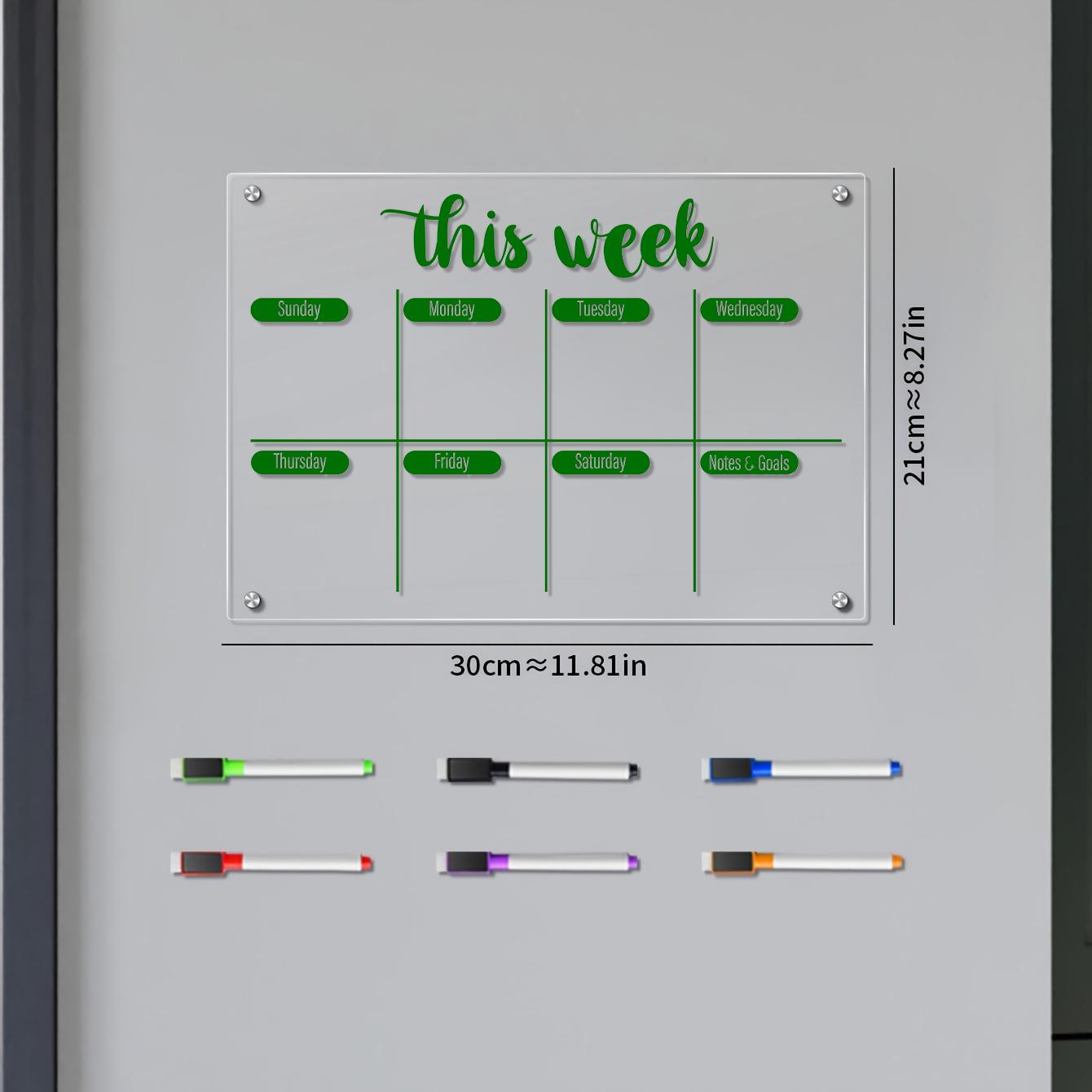 Transparent Acrylic Magnetic Refrigerator Fridge Calendar Magnetic Weekly Planner Board, Erasable Schedule Organizer, Home Memo Board with Multicolor Pens, Includes 6 Magnetic Whiteboard Pens