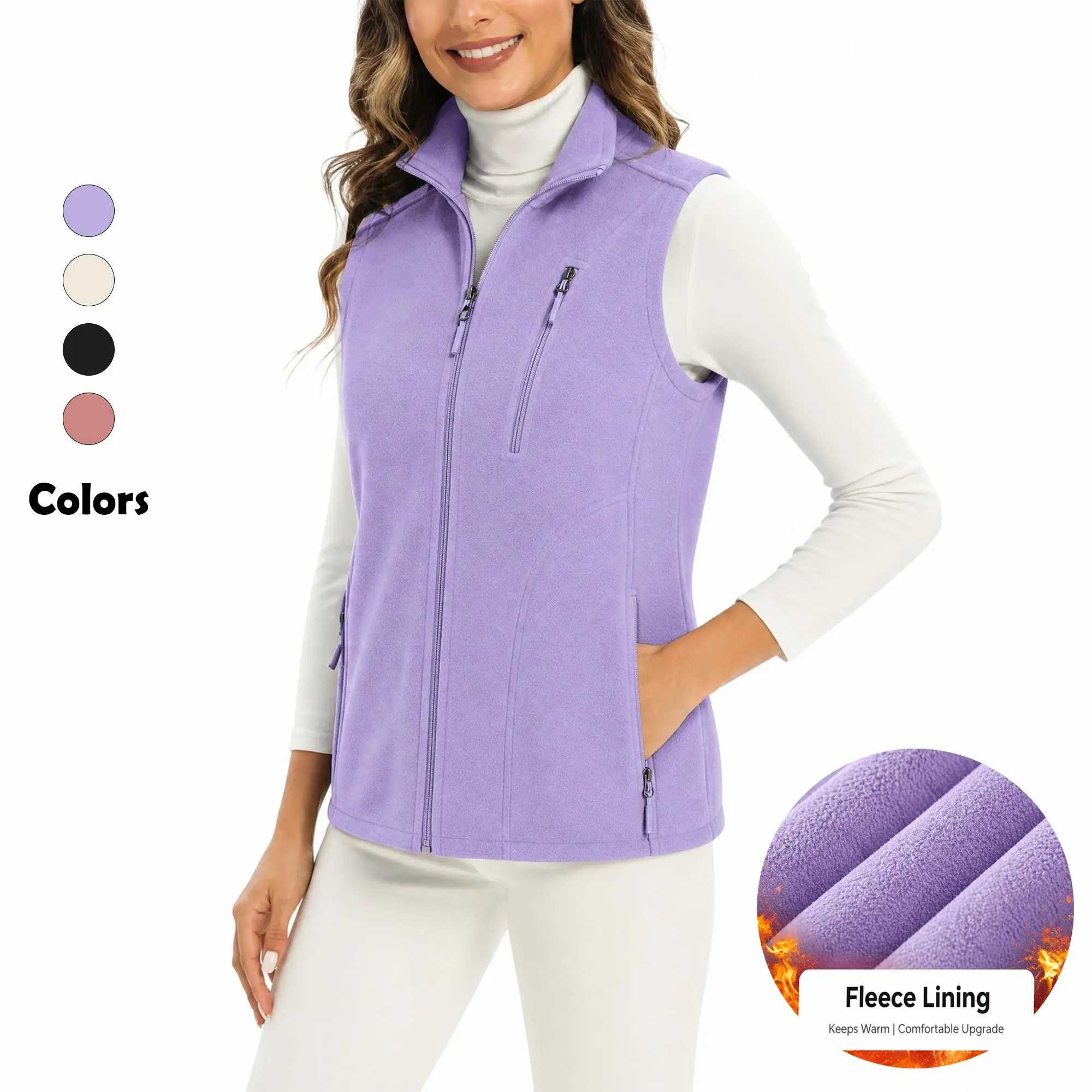 Women's Polar Fleece Vest Full Zip Stand Collar Sleeveless Jacket with Multi Zipper Pockets, Lightweight Warm Fall Winter Layering Outerwear for Hiking Casual Daily Wear