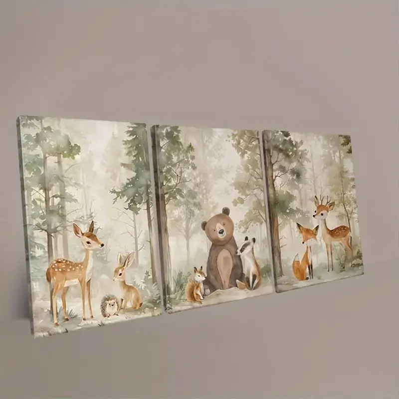 2D canvas, 3-piece framed canvas wall art, forest animal children's room decoration painting, wildlife forest watercolor poster print, suitable for boys' and girls' room home decor, perfect gift for Halloween, Thanksgiving, Christmas, and New Year