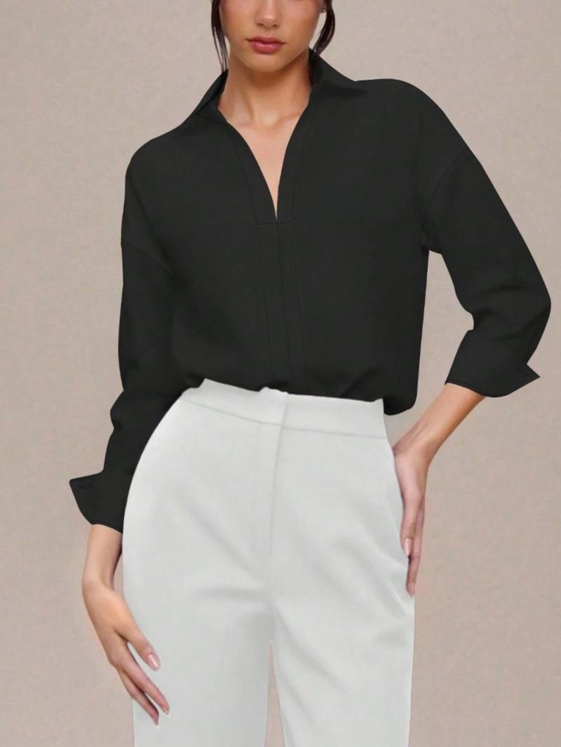 Women's casual loose V-neck long-sleeved shirt jumpsuit, elegant woven fabric, slim fit, suitable for all seasons, and can be layered flexibly. Women's casual loose V-neck long-sleeved shirt jumpsuit, elegant woven fabric, slim fit, suitable for all seasons, and can be layered flexibly.