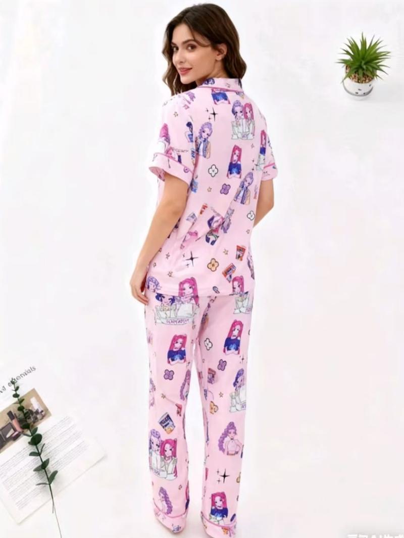 K-Pop Demon Hunter Kids Parent-Child Pajama Set, Cartoon Print Hooded Short Sleeve Top & Elastic Waist Long Pants, Comfortable Home Wear