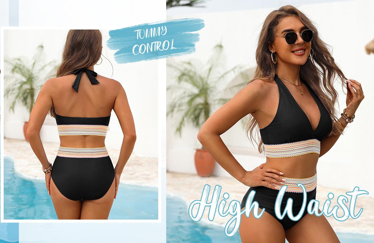 Yonique Women High Waisted Tummy Control Bikini Swimsuit  Halter Bikini Top Push Up Color Block Two Piece Bathing Suit
