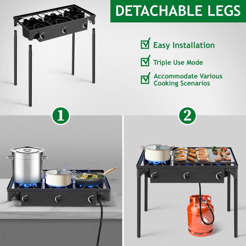 GEEKHOM 3-Burner Stove & Outdoor Grill Combo - 225K BTU Portable Camping Cooker with Removable Legs | Picnic Cooker Perfect for Home Brewing Maple Syrup Patio Turkey Frying Canning