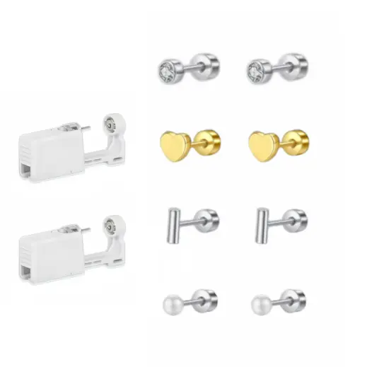 Funky Hypoallergenic Stainless Steel Heart Cubic Zirconia Faux Flat Back Earrings Set, Matching Disposable Ear Placement Helper Included, Minimalist Fashion Ornaments for Women Daily & Home Decoration