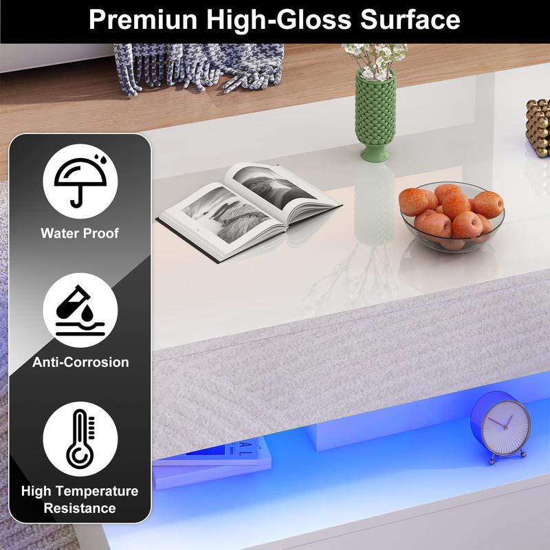 LED Coffee Table with 2 Storage Drawers Modern High Gloss Black Coffee Table w/20Colors LED Lights 2 Tiers Rectangle Center Table for Living Room with Marbling Print APP Control Futuristic Design