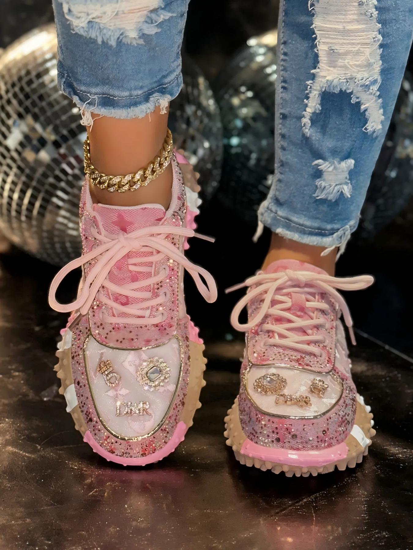 Women's Thick Sole Height Increasing Dad Shoes, Handmade Embellished Fashion Luxury Casual Women's Shoes, Unique Design Comfortable Sneakers, Walking Shoes