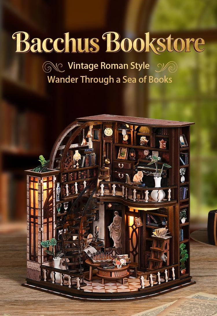 【Bacchus Bookstore】Wooden Book Nook DIY Model Kit for Adults Vintage Abstract Renaissance Style Hand-Assembled Booklet Toy House 3D Puzzle Wooden Shelf Decoration,Miniature Dollhouse Kit Victorian Style Wooden Dollhouse Birthday Gift