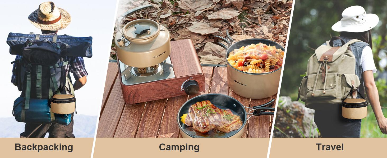 Odoland Camping Cookware Set Non-Stick Pot and Pan Set with Kettle, Stainless Steel Utensils Mess Kit, Cups Plates Knives Spoons Forks for Outdoor Cooking,Khaki