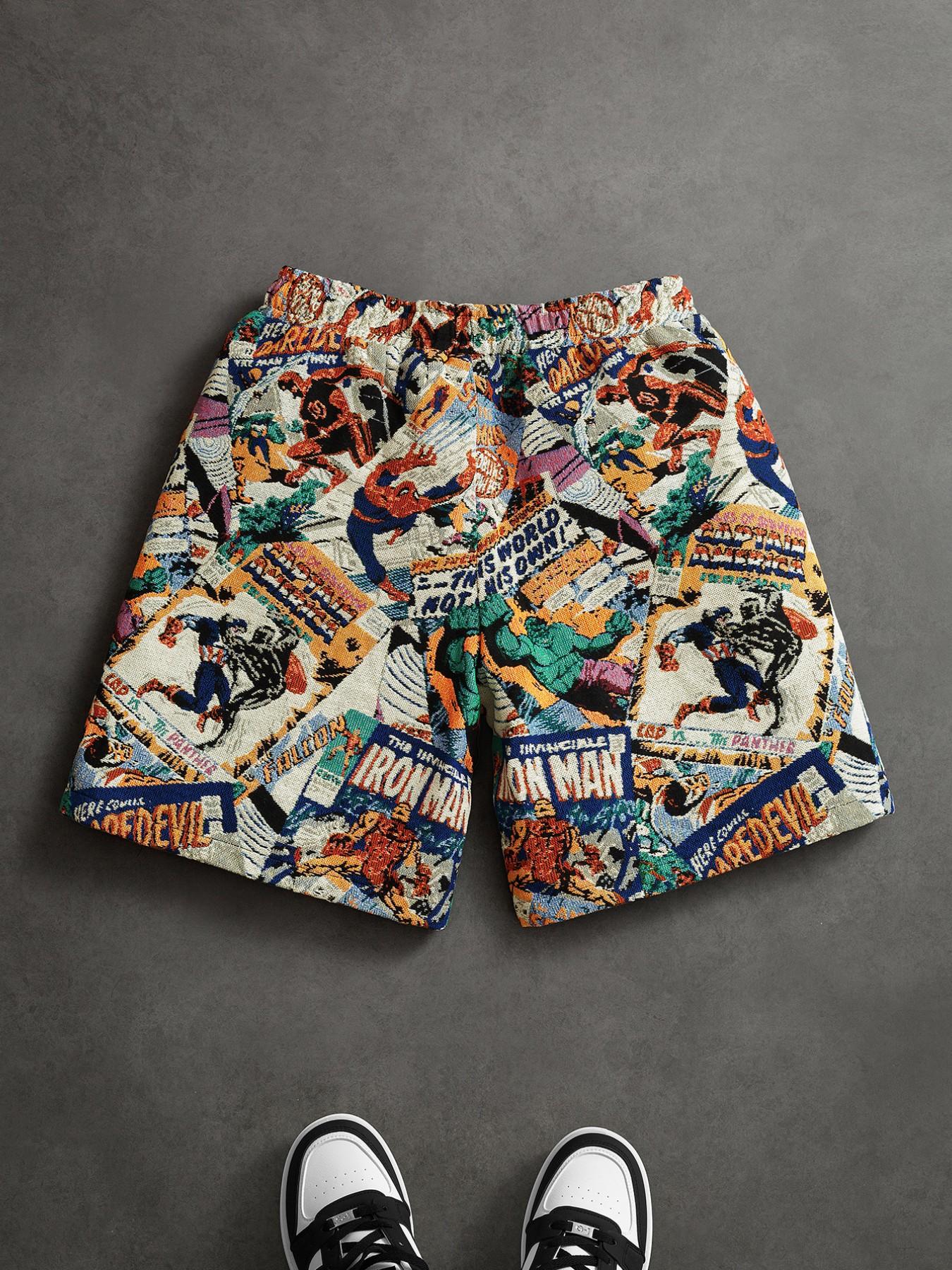 Men's Retro Comic Style High Street Shorts, Loose Fit with Drawstring Waist, Full Print, Summer Cool Breathable Essential, Casual Shorts Men's Retro Comic Style High Street Shorts, Loose Fit with Drawstring Waist, Full Print, Summer Cool Breathable Essential, Casual Shorts