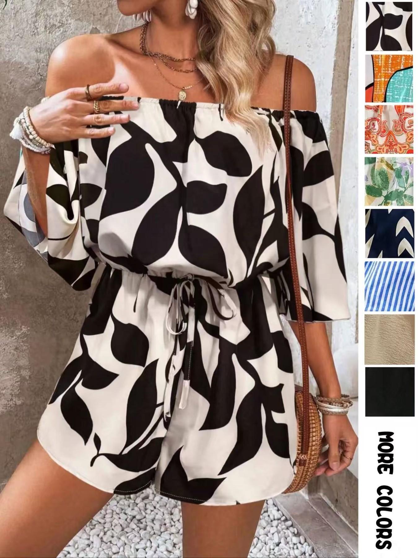 Women's Leaf Print Off Shoulder Tie Front Adjustable Lightweight Feminine Bohemian Romper. Casual Short Flounce Sleeve Romper for Summer. Fashion Women's Clothing Womenswear for Beach Holiday Vacation