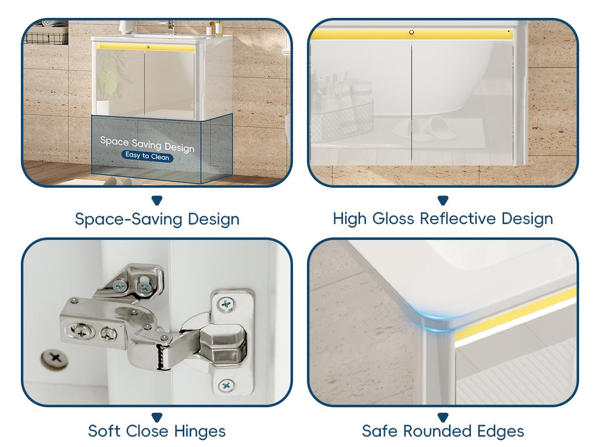 30-in Wood Floating Bathroom Vanity Set - Storage Cabinet, Sink, Faucet, Mirror, Glossy Wall Cabinets, LED Sensor Light, Wall-Mounted Design, Soft-Close Drawers for Organization, Bathroom Storage Cabinet,dorm essentials,home decor 30-in Wood Floating Bathroom Vanity Set - Storage Cabinet, Sink, Faucet, Mirror, Glossy Wall Cabinets, LED Sensor Light, Wall-Mounted Design, Soft-Close Drawers for Organization, Bathroom Storage Cabinet,dorm essentials,home decor