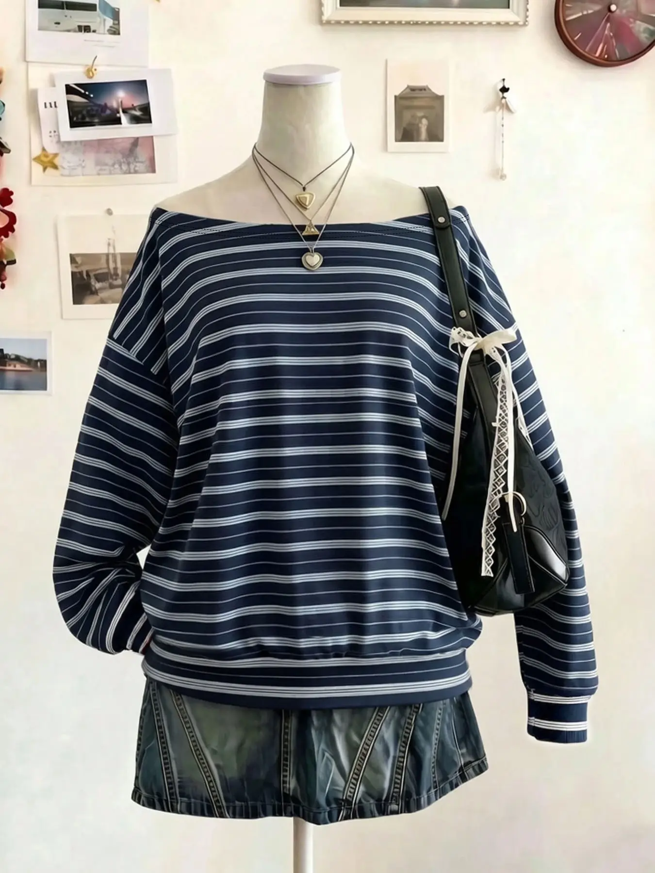 Women's One-Shoulder Top, Loose Fit, Navy Striped Print, Long Sleeve, Ribbed Hem, Casual Style, Ideal for Vacation & Streetwear, Spring & Fall