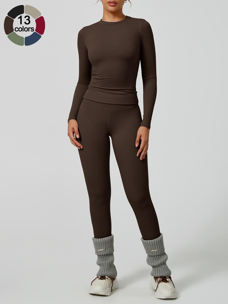 Women's Solid Long-Sleeve Tee & High-Waist Leggings Set, Sporty Round Neck Top & Skinny Pants 2-Piece Set for Gym Workout and Running, Ladies Fall & Winter Sportswear, Sports Fitness Wear