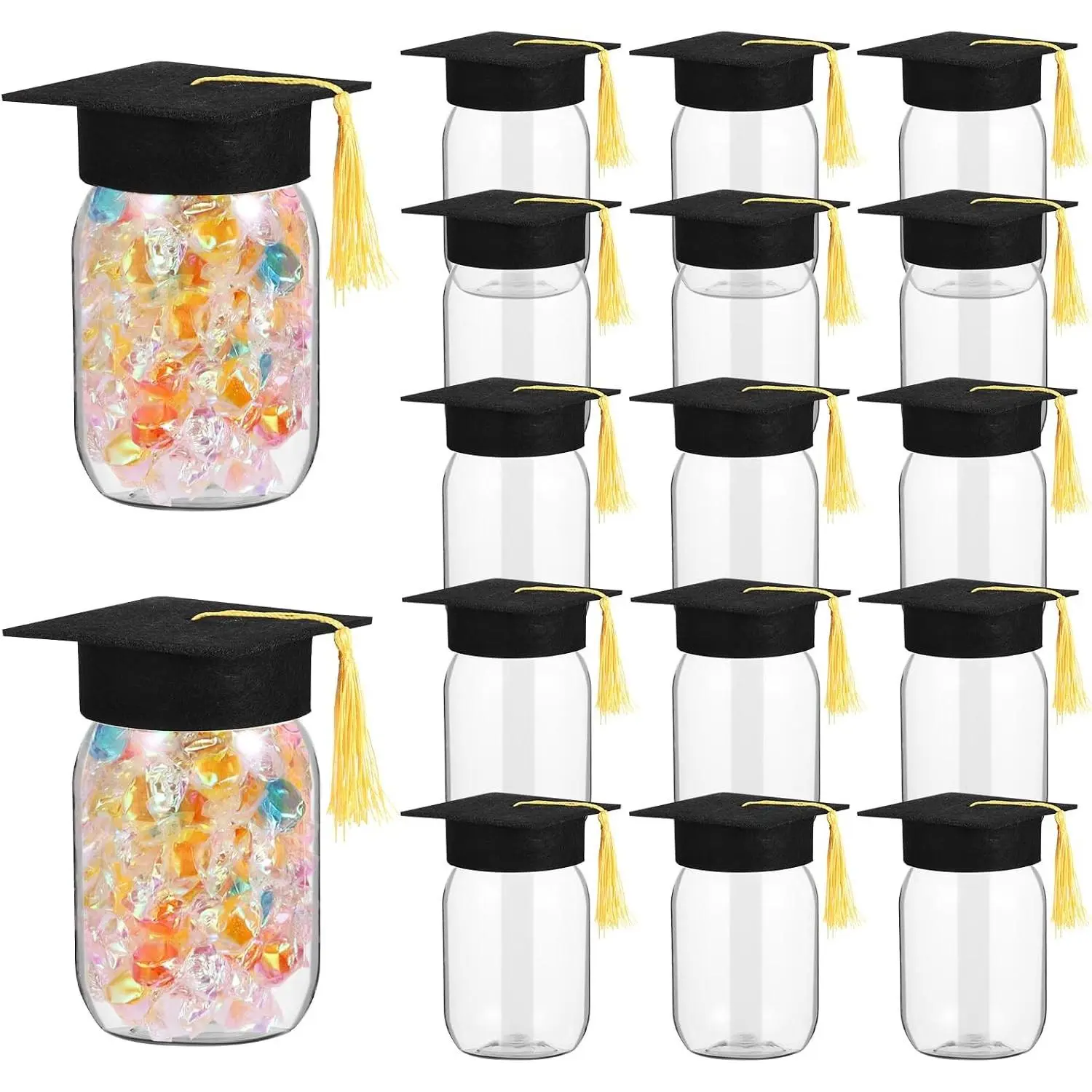 16 Set DIY Graduation Jar Decorations Mason Jar Graduation Candy Gifts Jar Plastic Jars and Class of 2026 Felt Graduation Cap for 2026 Graduation Gift Party Decoration Supplies