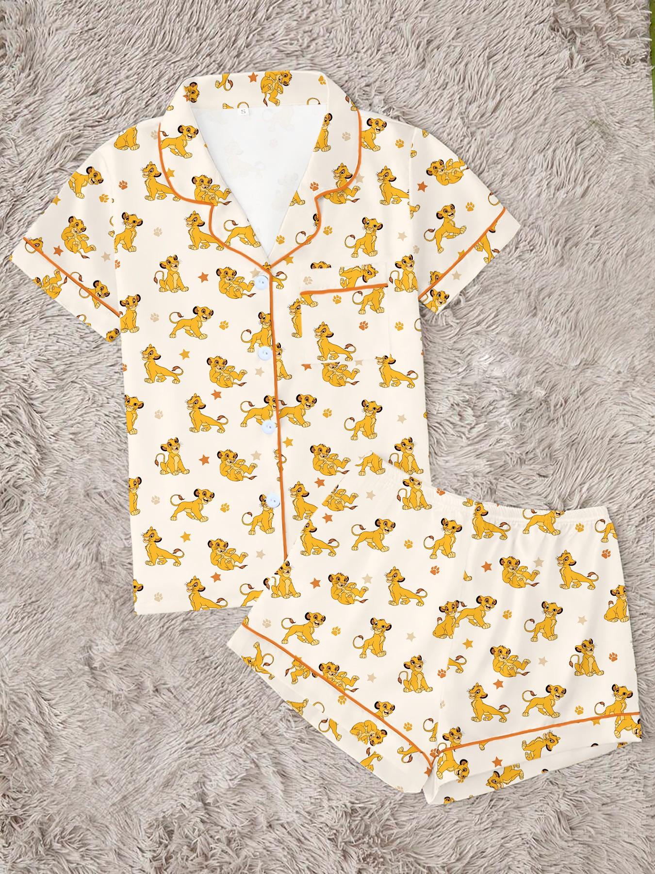 Adorable Lion Print Women's Pajama Set, Comfortable Two-Piece, Short Sleeve Button-Up Top & Elastic Shorts, Casual Home Wear, Loungewear, Party Gift