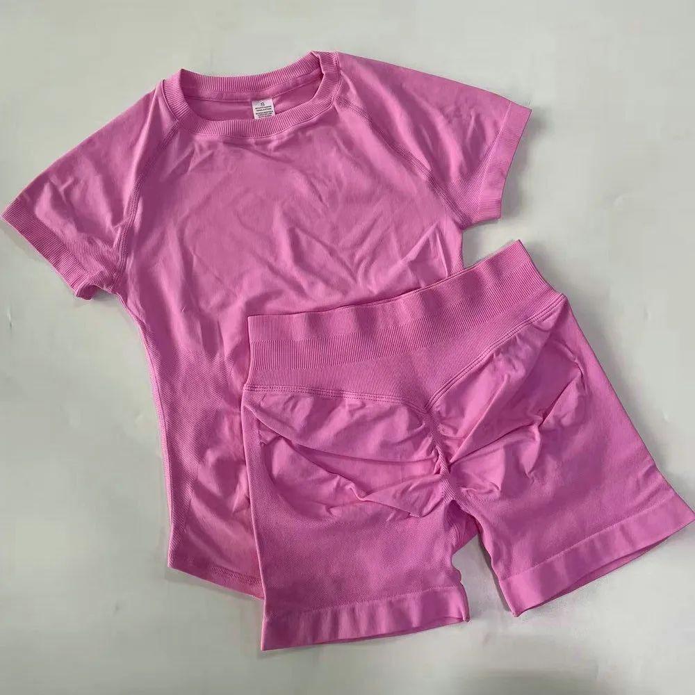 Dfyne Cross-Waist Hip-Lifting Shorts + Short-Sleeve Sports Set |   Seamless Knit Breathable Quick-Drying |   Fitness & Yoga Two-Piece Set