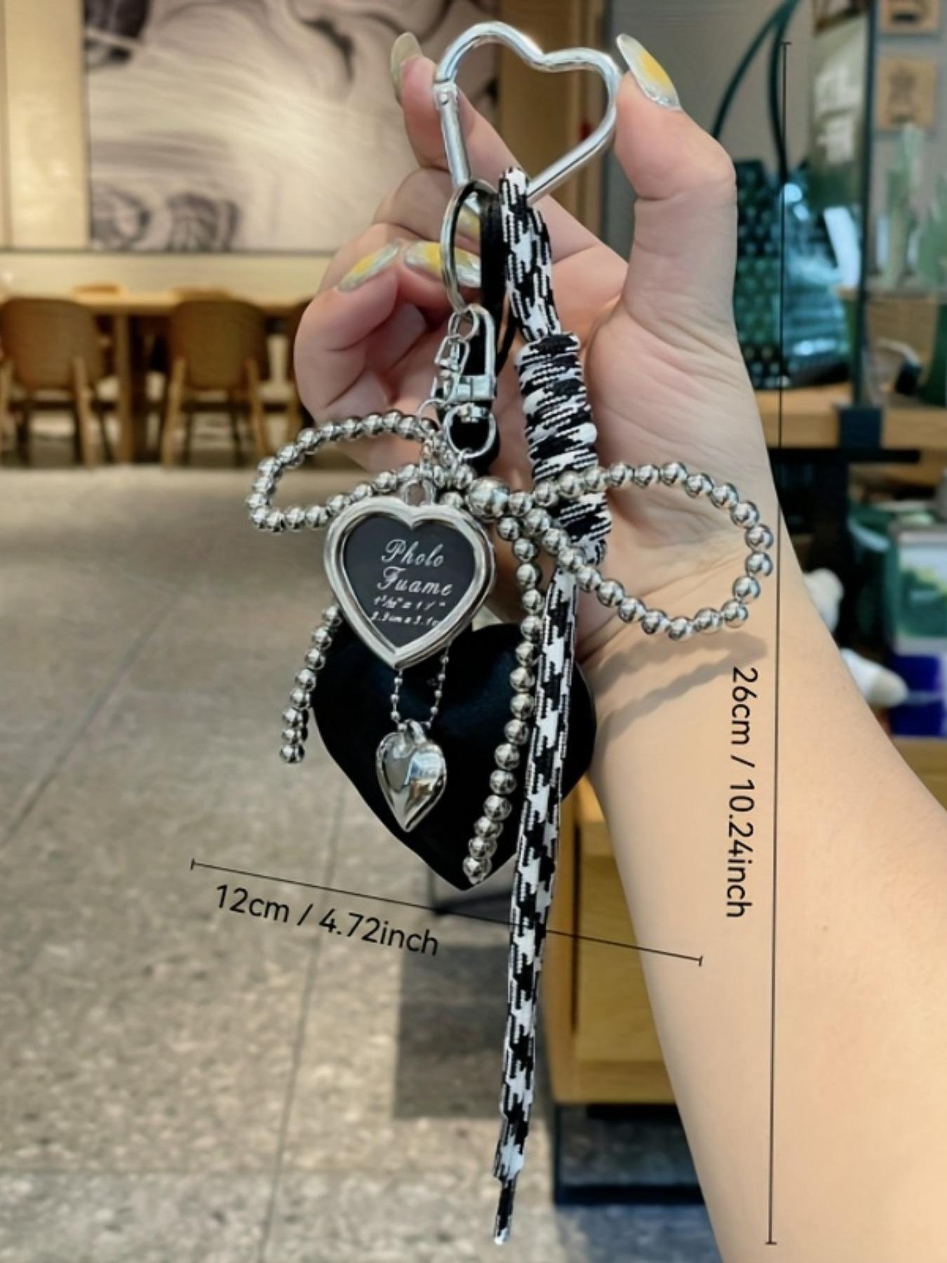 Y2K Gothic Women's Elegant Heart Shaped Keychain Handmade Beaded Silver Bow Charms Heart Love Keychain Bowknot Braided Rope Key Chain Bag Pendant Charm Hanging Accessories for Handbags,Wallet,Car Backpack & Key Pendants for Fashion Enthusiasts Black Red