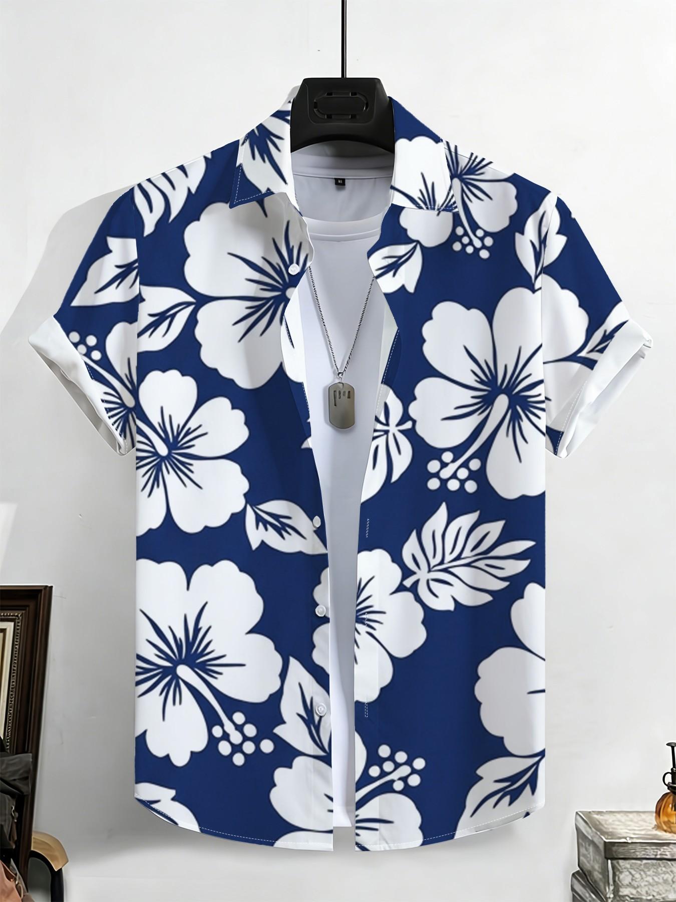 New Summer Men's Short Sleeve Shirt, Vintage Blue Background Jasmine Palm Leaf Print, Casual Breathable Beach Holiday Hawaiian Shirt