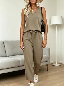 Two-piece women's fashion casual Minimalist solid V-neck sleeveless vest + wide-leg pants set, suitable for summer, ideal for commuting to work, shopping, and outdoor/indoor wear