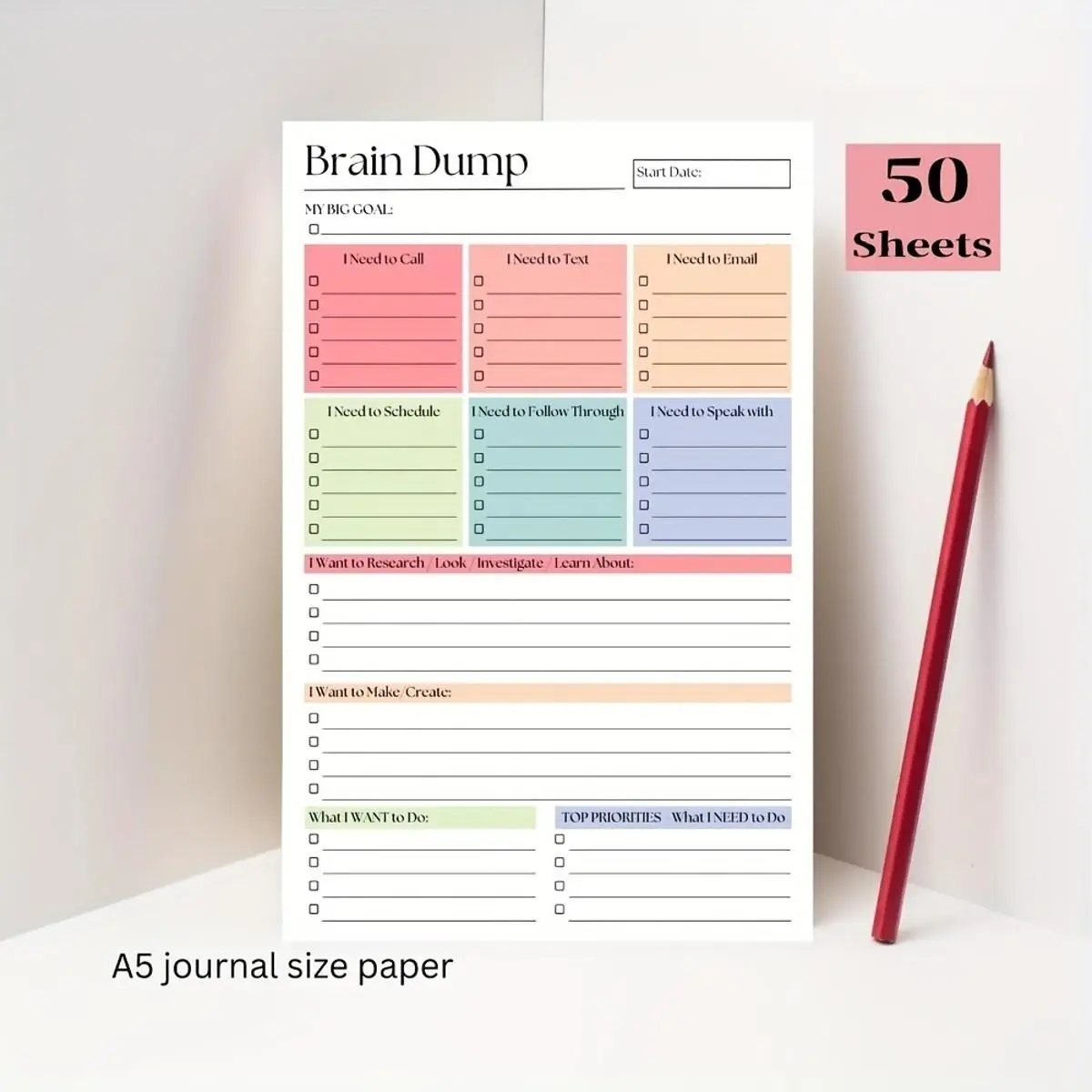A5 Daily Planner Notebook 50-page undated blank for to do lists, productivity planner aesthetic and organization supplies, study tok desk setup, personal planning essentials, Day Planner