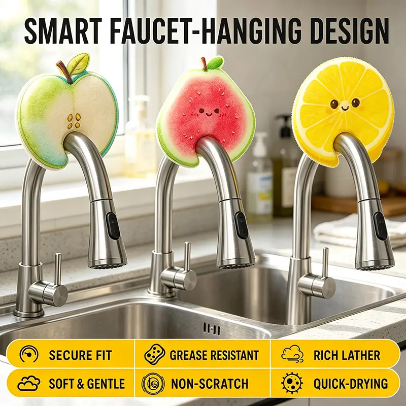 3pc Fruit-Shaped Compressed Cellulose Sponges - Fast-Drying, Plant-Based, Compostable, Non-Scratch Fun Shape Sponges for Kitchen Use, Dish Cleaning & Household Cleaning