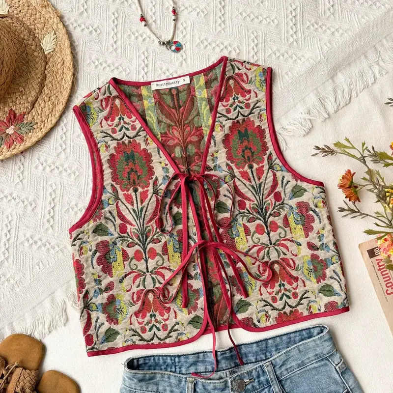 Women's Boho Embroidered V Neck Floral Casual Fashion, Bohemian Vintage Ethnic Woven Waistcoat, Fitted Front Collar Top, Fall & Winter Fashion Aesthetics, Embroidery, Womenswear, Sleeveless Vest Top