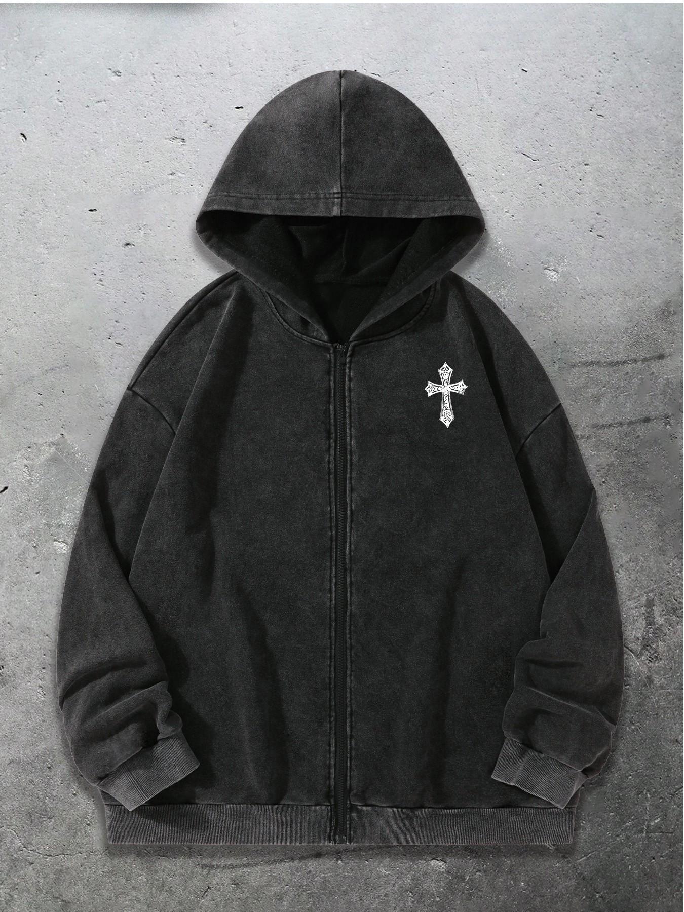 Oversized Vintage Washed Graphic Hoodie – Gothic Cross & Wings Print, Soft & Warm for Daily Wear, Concerts & Street Style Looks | Trendy Grunge Aesthetic Top