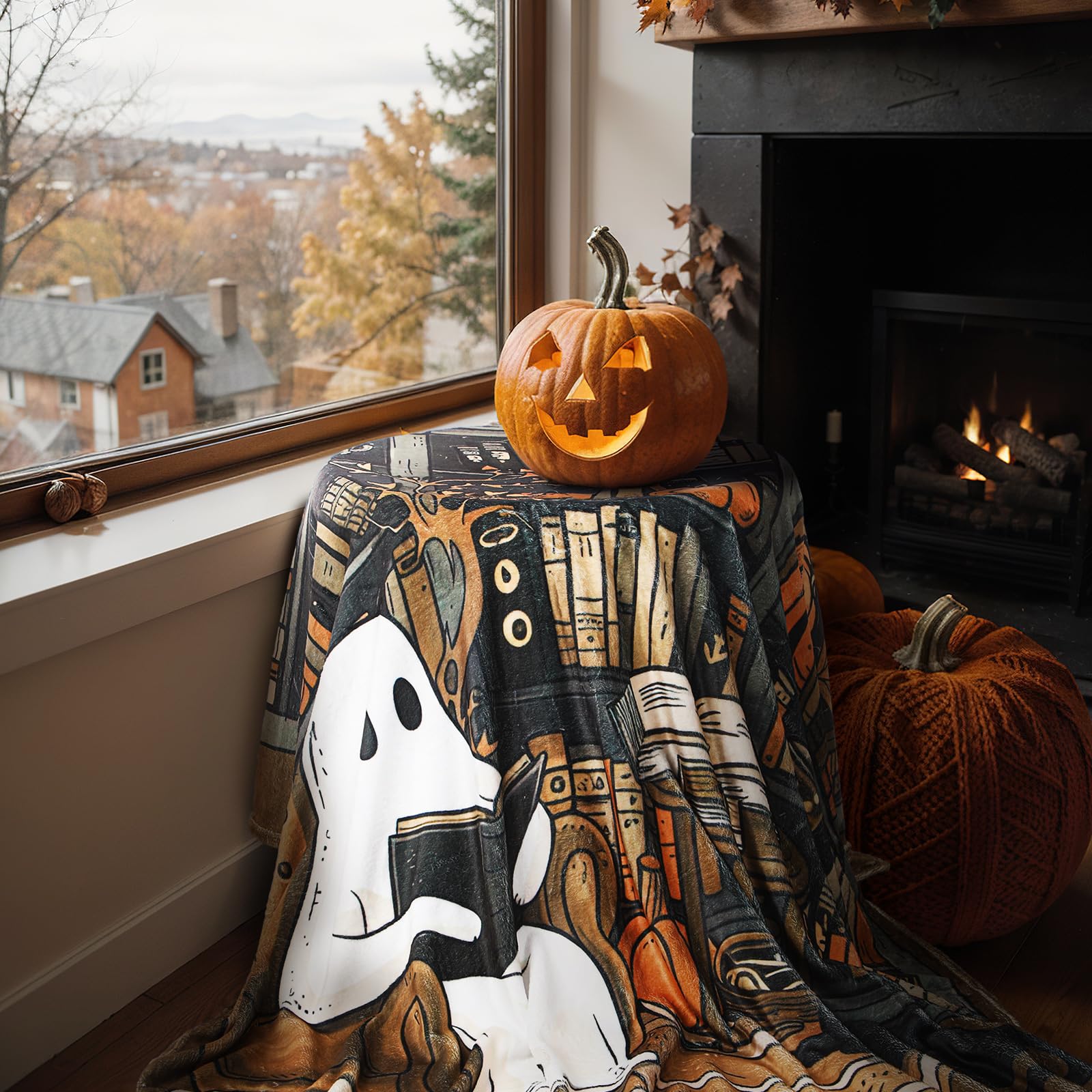 Clearance Sale Halloween Cute Ghost Throw Blanket with Bookshef Design Soft Cozy Blanket for Fall Reading Nook Autumn Winter Decor for Couch Sofa Bedroom Office Home Spooky Blanket Boo Basket Gift for Women Men Wife Book Lovers Outdoor Halloween Decor