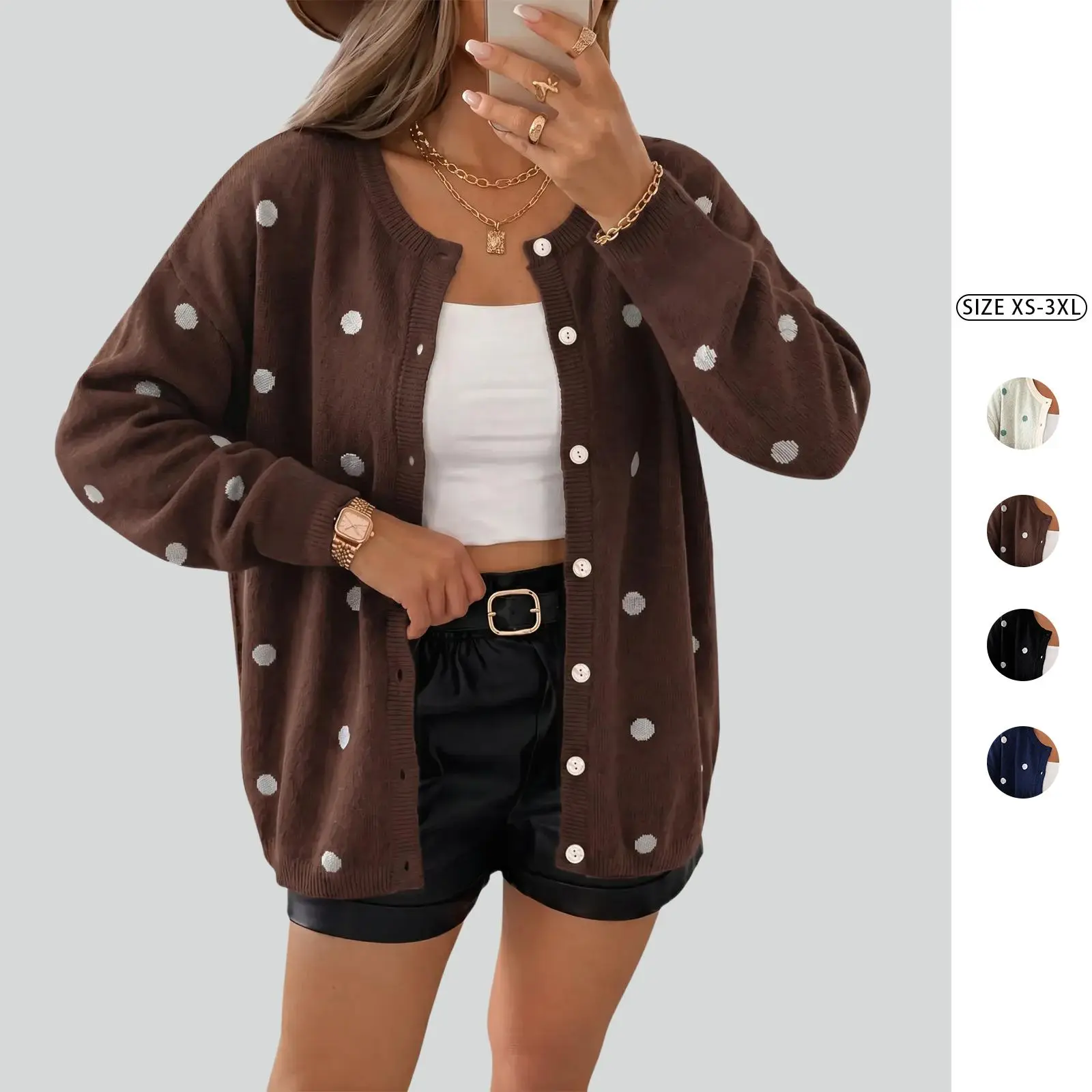 Imily Bela Women's Casual Long Sleeve Cardigan Polka Dot Embroidery Button Front Loose Knit Sweater Coat