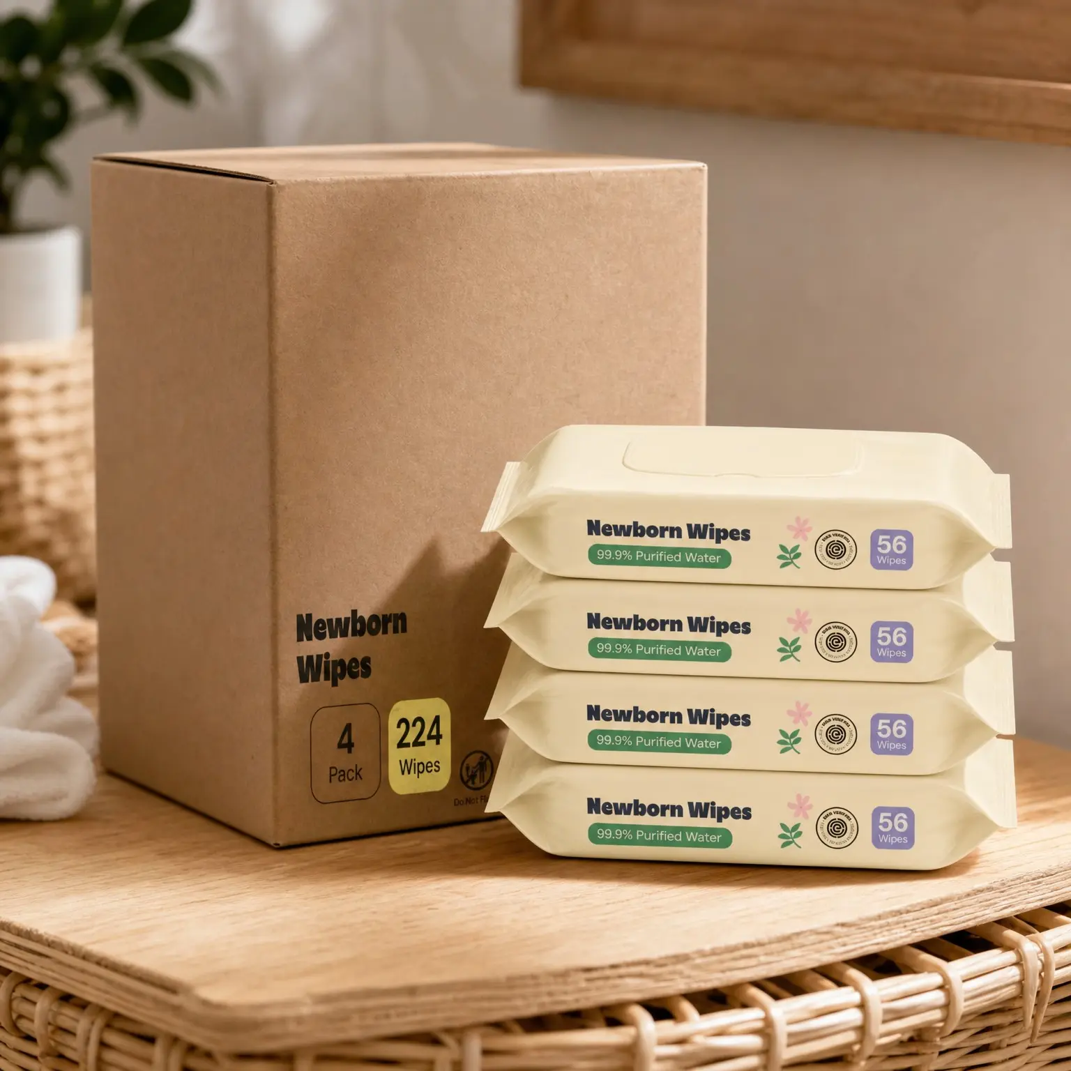 Newborn Sensitive Baby Wipes Unscented, 224 Count - 99.9% Water-Based, Plant-Based & Hypoallergenic, Gentle for Sensitive Skin, Plastic-Free Multi-Use Wet Wipes (Pack of 4)(Gift)