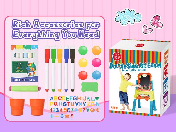 Lehoo Castle Easel for Kids, 4 in 1 Double Sided Kids Art Easel with Magnetic White Board & Chalk Board, Adjustable Standing Easel with Drawing & Writing Accessories - Gift for Boys and Girls