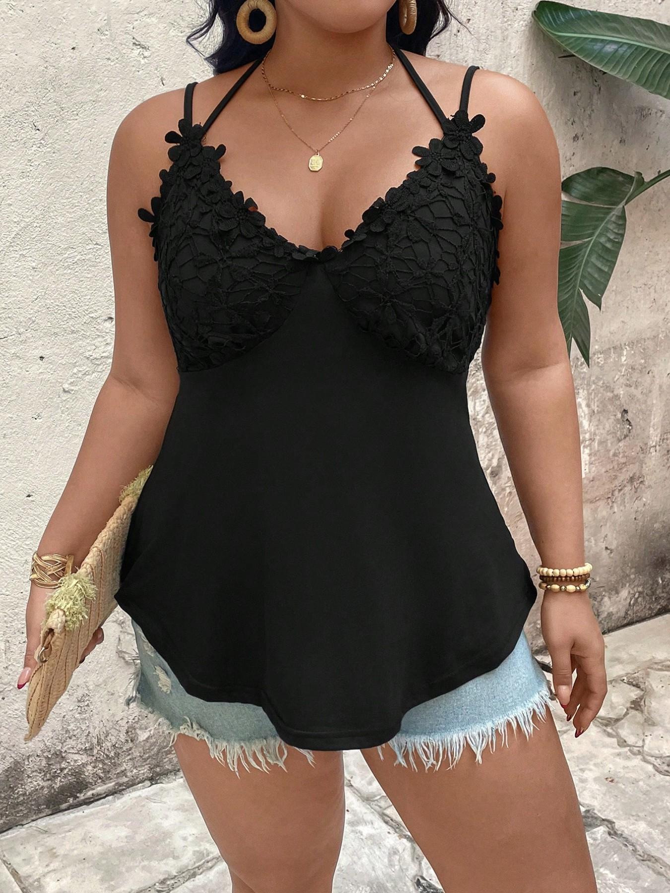 Plus Size Lace Halter Waist Crop Top, Slimming Boho Style, Perfect for Summer Outing, Music Festival, Night Out, Beach Trip, Casual Date