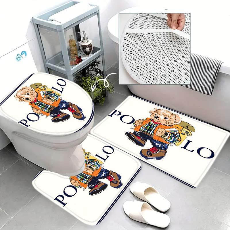 Polo Fashion Bear Shower Curtain Set, Bathroom Decor Accessories with 12 Hooks, Non-Slip Bath Mat and U-Shaped Toilet Lid Cover
