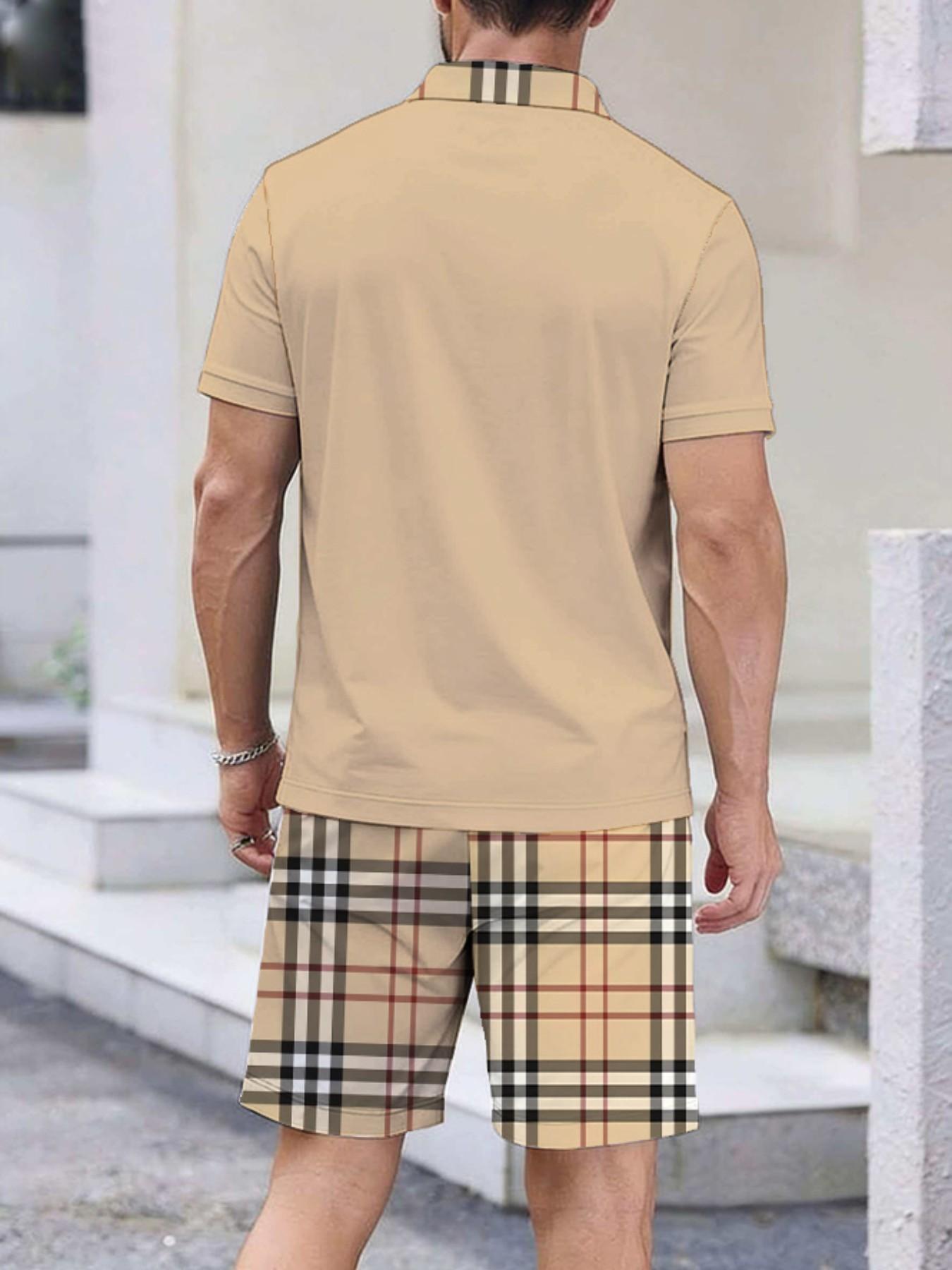 Luxury Men's Plaid Casual Set, Polo Shirt + Plaid Shorts Two-Piece, Stylish and Comfortable Fashion Ensemble for Everyday Wear