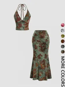 Women's Floral Deep V Neck Crop Top & Fish Tail Skirt Set, Sexy Two-Piece, Back-To-School Fashion, All-Over Print Design