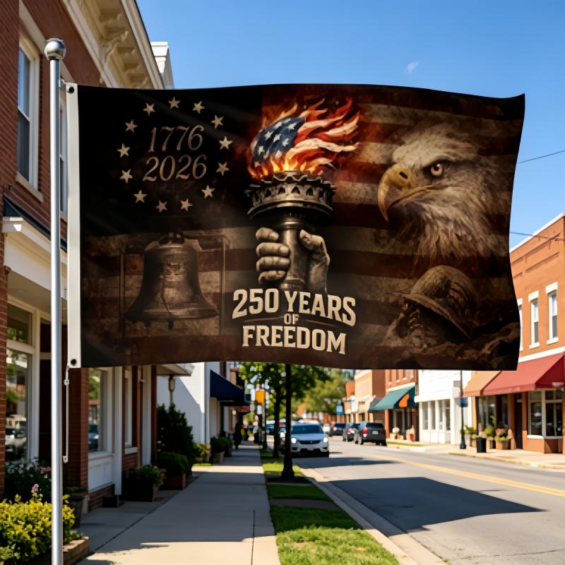 3x5 ft distressed style 1776-2026 US 250th Anniversary Liberty Commemorative Polyester Flag, featuring American Eagle, Liberty Bell, and Torch vintage distressed design, suitable for US 250th Anniversary and Independence Day decorations.