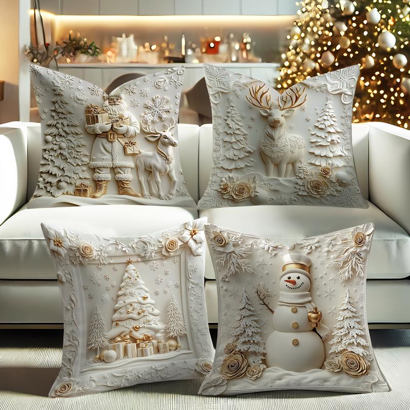 Christmas Themed Cushion Cover, 4 Counts/set Soft Comfortable Single Side Printing Decorative Cushion Cover, Cushion Cover for Home Living Room