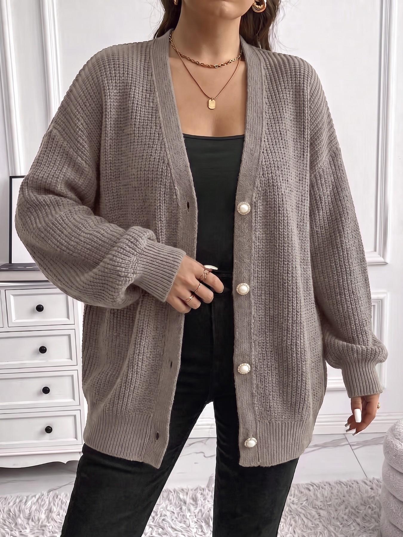 Plus Size Women Button Front Long Sleeve Knit Cardigan, Figure-Flattering Casual Knit Outerwear for Spring & Fall, Soft Cozy Sweater for Commute & Loungewear, Suitable for Daily Dates, Vacations, Gatherings, Holiday Outfits, Knitwear