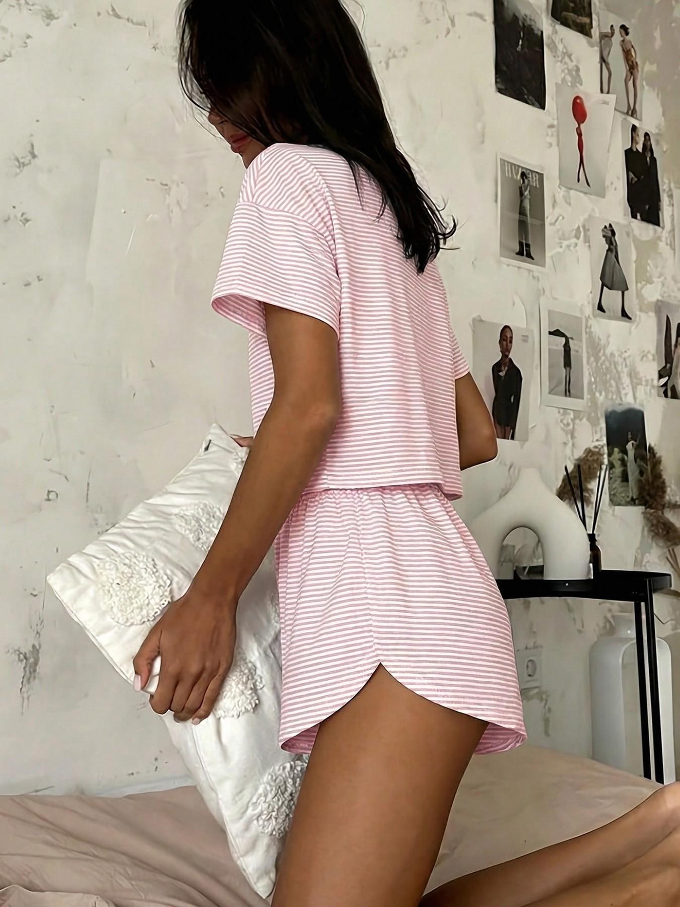 Women's Solid Color Ribbed Crew Neck Crop Top & Drawstring Waist Shorts, Fitted Casual Comfy Lounge Wear, All-Season Sleepwear