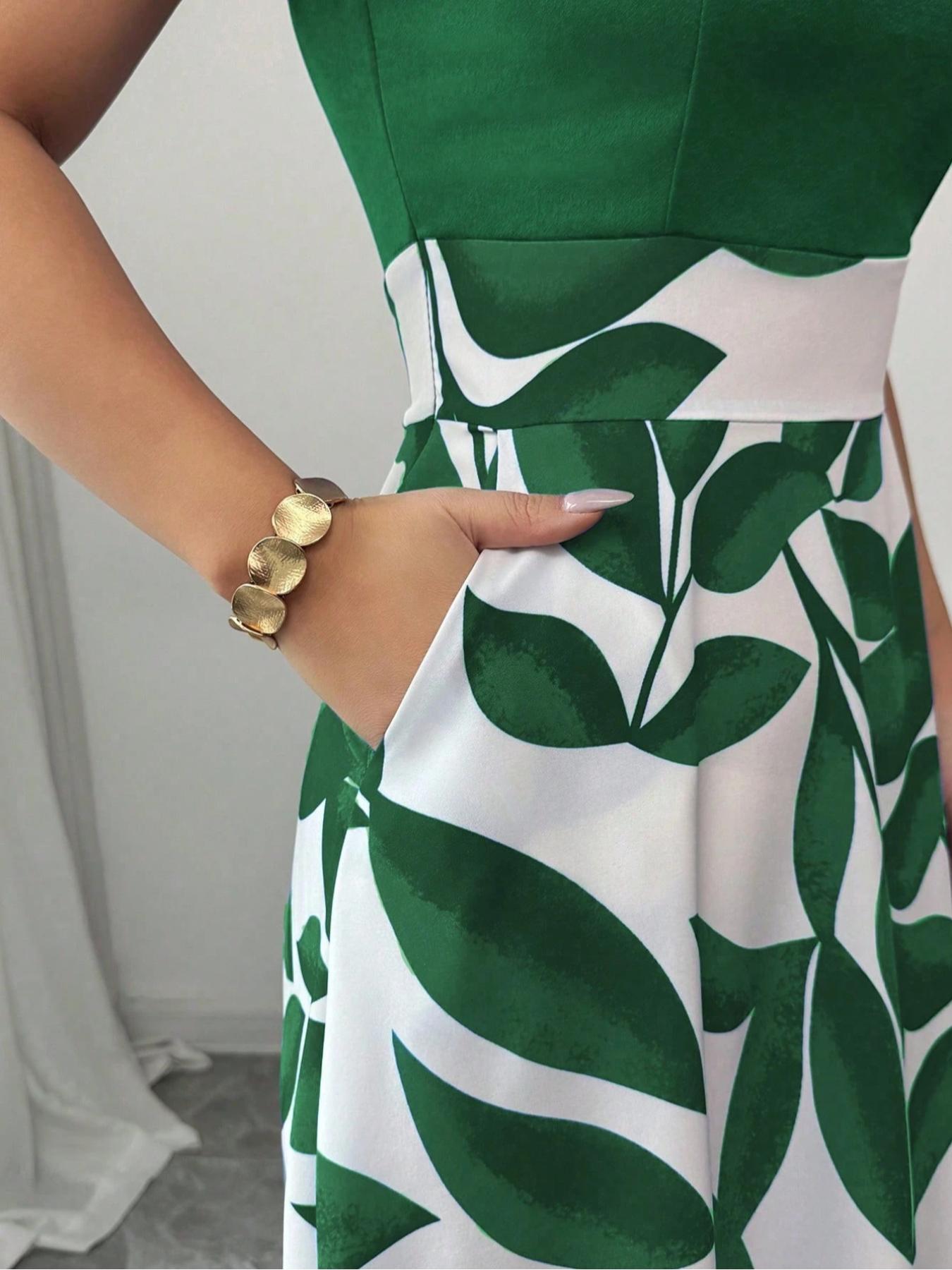 Women's Leaf Printed Patchwork Slim Fit V-Neck Flare Dress, Casual Vacation Style with Pockets, Perfect for Beach & Outdoor Activities